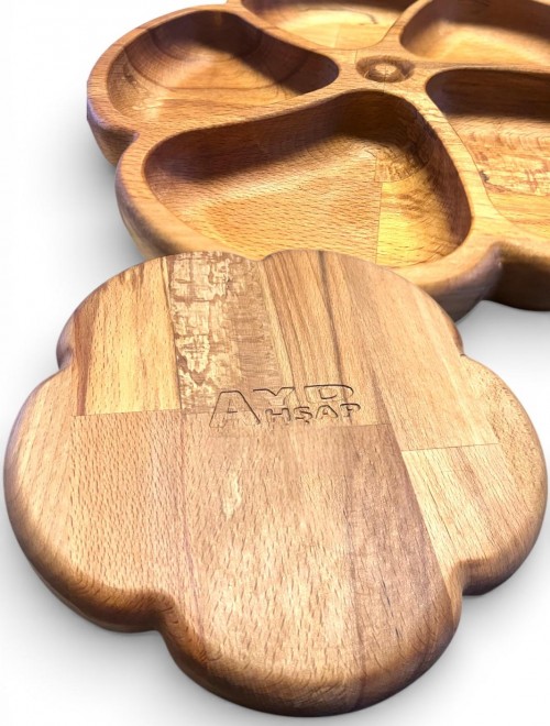 5 Bölmeli Masif Kayın Ahşap Çerezlik & Sunumluk – El Yapımı Doğal Servis Tabağı 226 mm