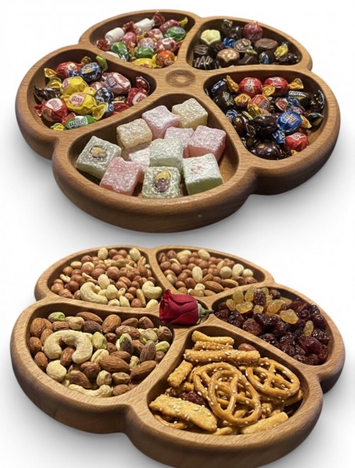 5 Bölmeli Masif Kayın Ahşap Çerezlik & Sunumluk – El Yapımı Doğal Servis Tabağı 226 mm