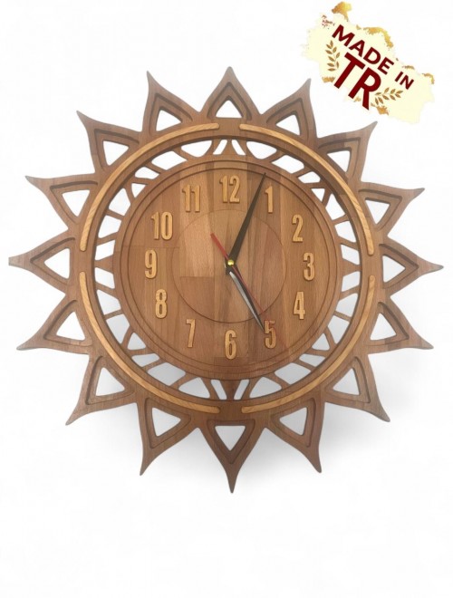 50x50 cm Güneş Motifli Ahşap Duvar Saati – Masif Kayın & Çam, Sessiz Akar Mekanizmalı El Yapımı Saat