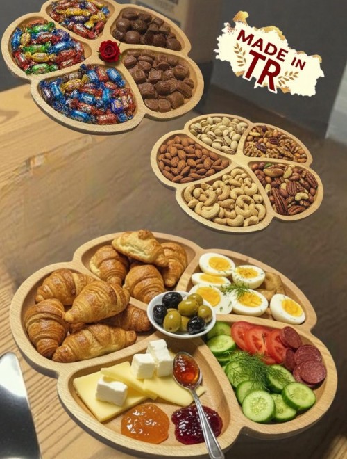 5 Bölmeli Masif Kayın Ahşap Çerezlik & Kahvaltılık Sunumluk – El Yapımı Doğal Ahşap Servis Tabağı 215 mm