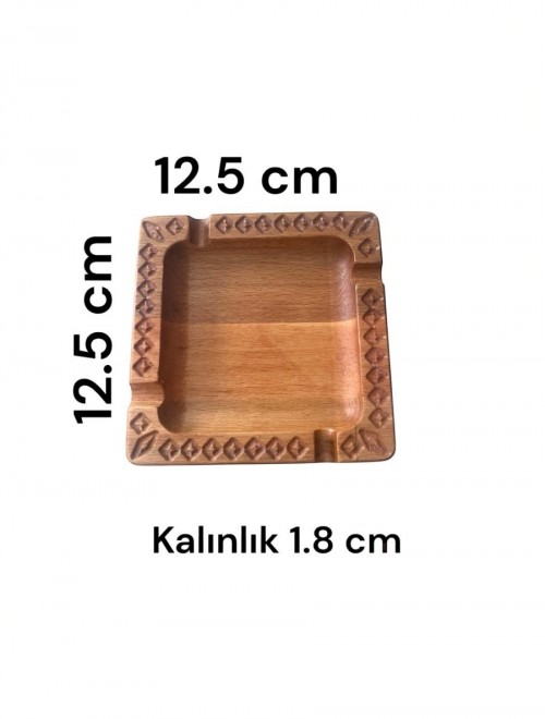 El Yapımı Doğal Kayın Ahşap Kül Tablası – 12,5x12,5 cm Oyma Desenli