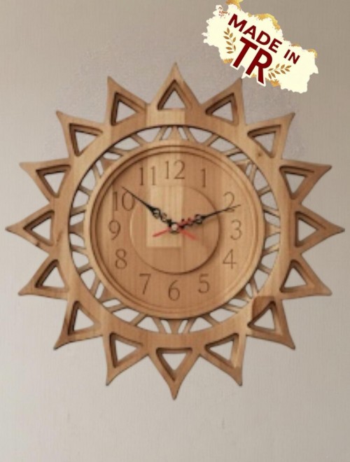 El Yapımı Ahşap Güneş Motifli Duvar Saati – 38 cm, Sessiz Akar Mekanizma