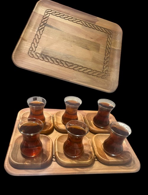 Doğal Ahşap Kare Tepsi ve 6 Adet Kare Çay Tabağı Seti