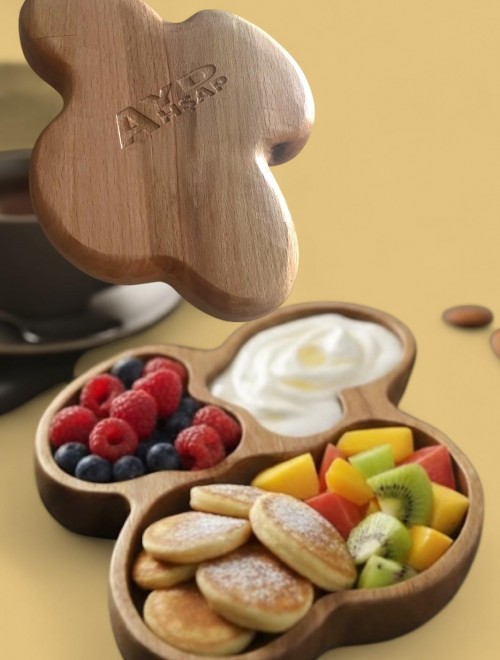 Doğal Ahşap 3 Bölmeli Çerezlik – Kayın Masif Kuruyemişlik, Kahvaltılık ve Atıştırmalık Sunum Tabağı