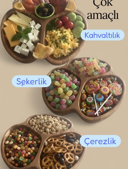 3 Bölmeli Doğal Masif Kayın Ahşap Sunumluk | El Yapımı Çerezlik & İkramlık | Aydahşap Özel Üretim