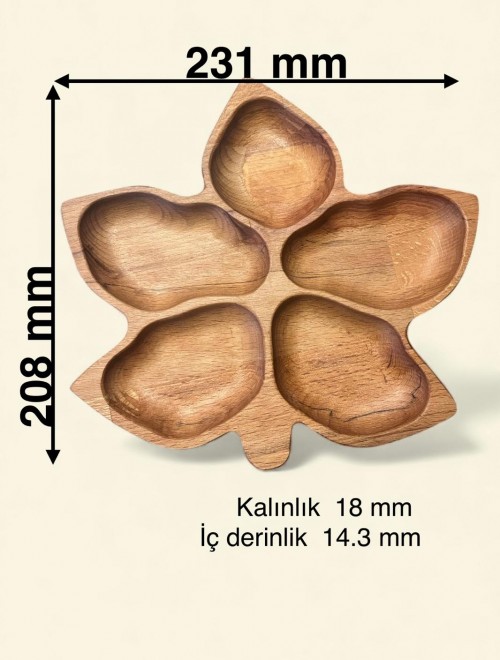 Doğal Ahşap Yaprak Şeklinde Sunum Tepsisi – 5 Bölmeli, El İşçiliği Tasarım