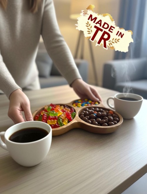 Doğal Ahşap 3 Bölmeli minimal Çerezlik – Kayın Masif Kuruyemişlik, Kahvaltılık ve Atıştırmalık Sunum Tabağı