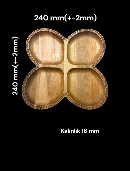 Kayın Ahşap 4 Bölmeli Çerezlik – El Yapımı Masif Sunumluk Servis Tepsisi 24x24 cm