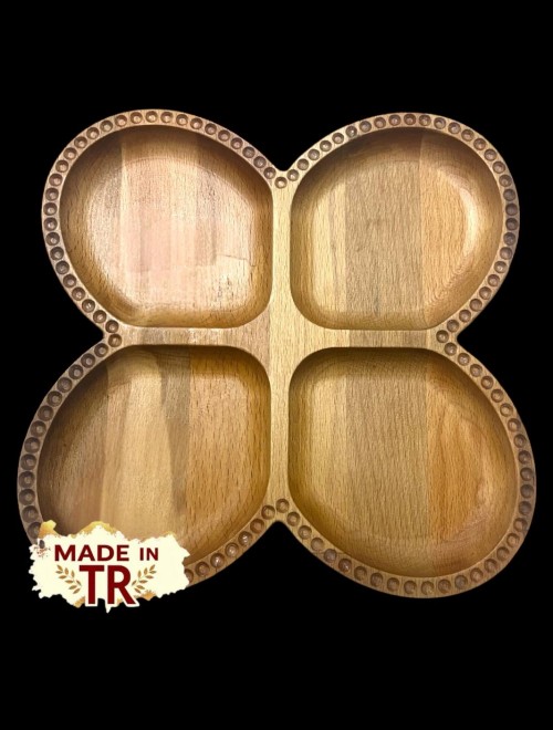 Kayın Ahşap 4 Bölmeli Çerezlik – El Yapımı Masif Sunumluk Servis Tepsisi 24x24 cm