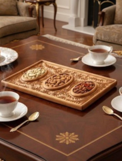 Dekoratif Ahşap Oyma Tepsi | Çok Amaçlı Kahvaltı ve Sunum Tabağı